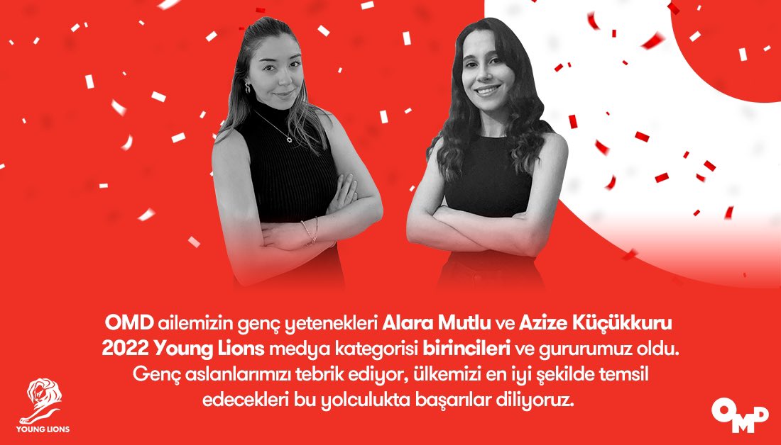 OMD ailemizin genç yetenekleri Alara Mutlu ve Azize Küçükkuru 2022 Young Lions medya kategorisi birincileri ve gururumuz oldu. Genç aslanlarımızı tebrik ediyor, ülkemizi en iyi şekilde temsil edecekleri bu yolculukta başarılar diliyoruz. 🥇🎉