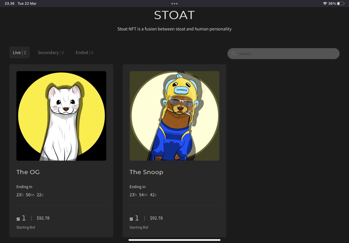 🐻‍❄️ The Den Auction OPEN 🐻‍❄️
======================
• Starting bid 1 SOL
• Tick size is 1 SOL
• Bids placed in the last 5 minutes will reset the countdown to 5 minutes
• last 5 minutes must be 5% higher than the previous bid
======================
visit stoat.holaplex.com