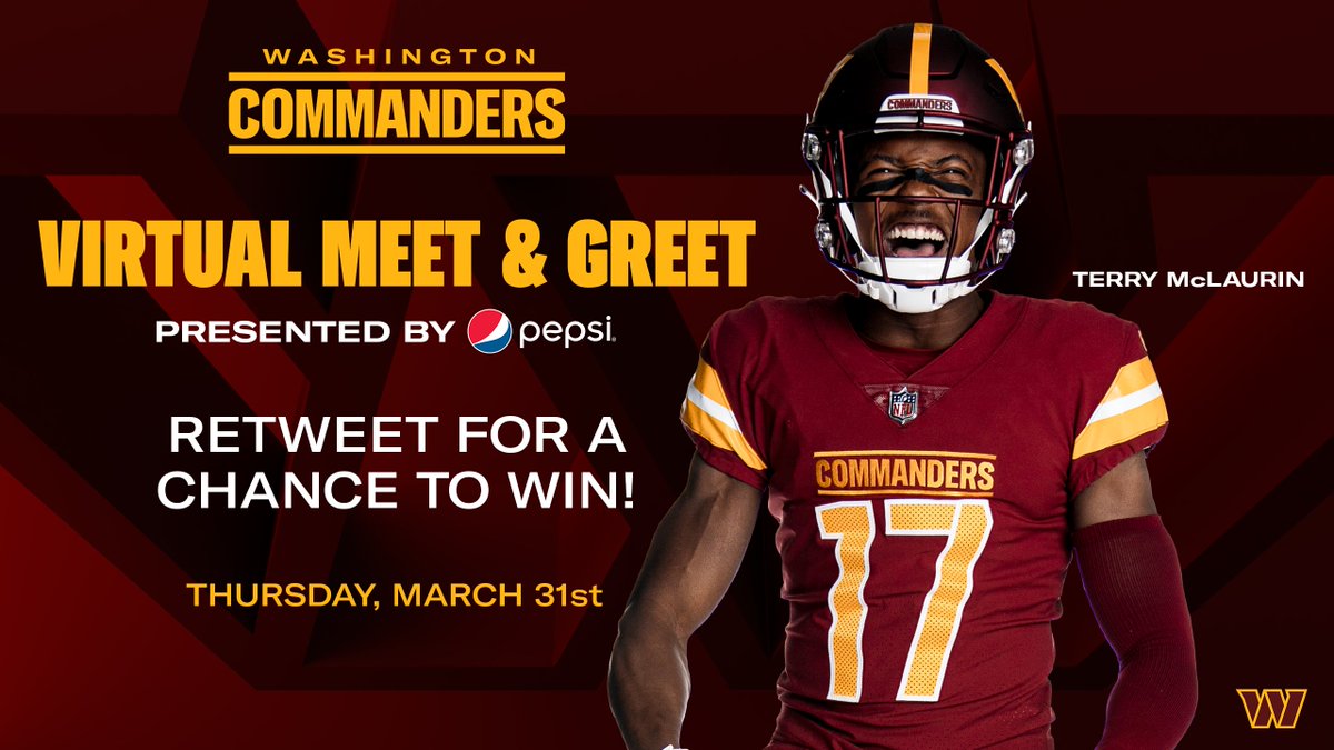Commanders's tweet image. 👋 Meet &amp;amp; greet with @TheTerry_25 
🗓️ Thu., March 31
⏰ 6 pm
📍   Zoom
🤝 @pepsi 
🔗 bit.ly/pepsirules322

RT for a chance to attend and receive signed Terry merchandise!