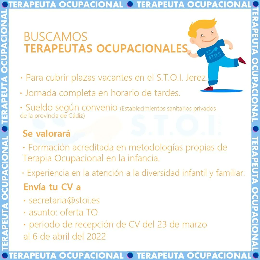 Oferta de empleo en <a href="/STOIjerez/">T.O. Infantil</a> buscamos Terapeutas Ocupacionales para trabajar en la atención a familias e infancia
#terapiaocupacional #empleo #infancia #terapeutaocupacional #jerez #trabajo
