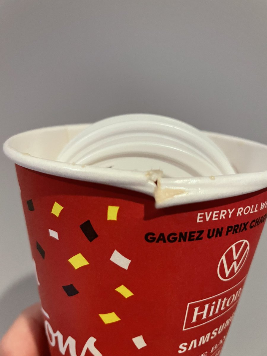 RKKTL1978's tweet photo. Thanks @TimHortons for thinking this cup was worthy of a hot tea!!! After drive thru, it spilt all over my wife, burning her leg and now we need an interior car wash! What employee thought this was a good idea?!?!? https://t.co/1IbMZabqdu