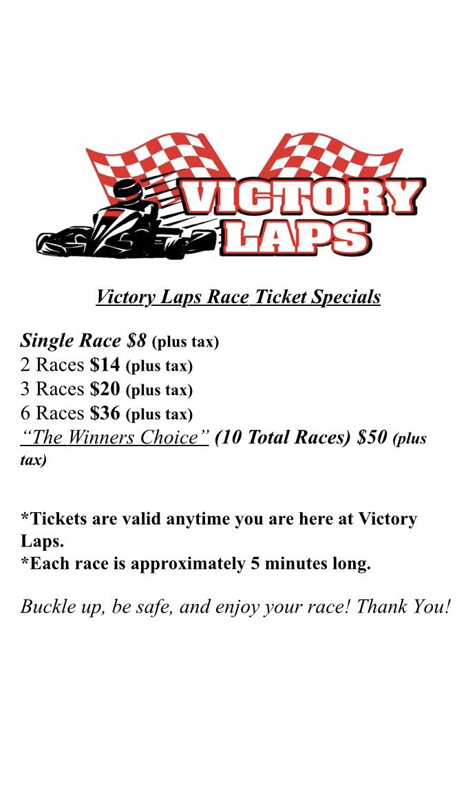victorylaps765's tweet photo. Race ticket pricing for the new season @ Victory Laps. Opening in April. Continue to follow for more details on opening. #VictoryLaps #GoKartWithUs 🏎 💨 https://t.co/9WANxJ6Kpf