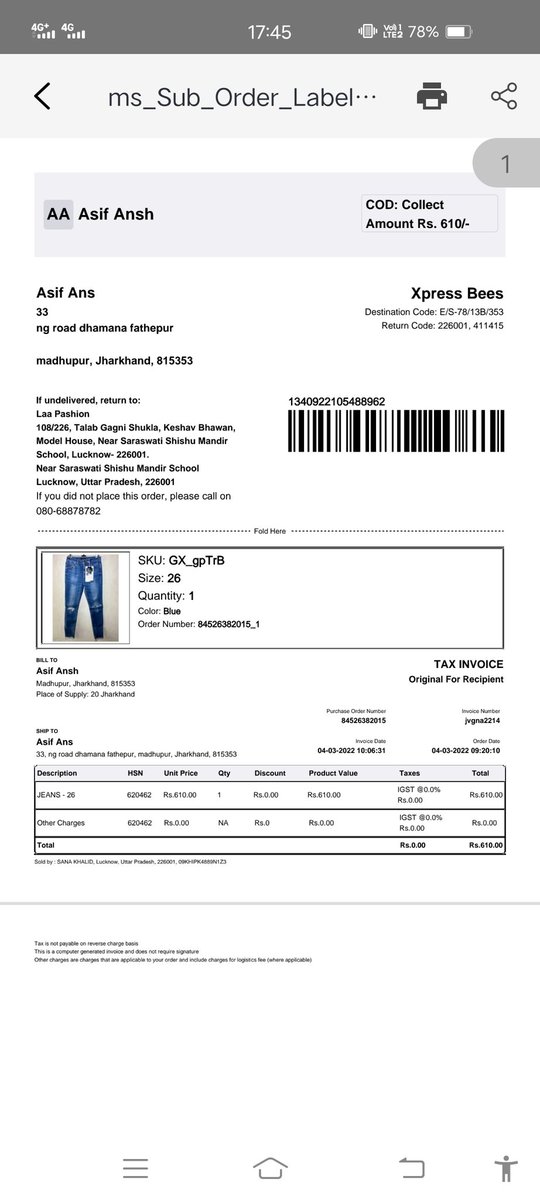 t_k__'s tweet photo. @meesho_support Please check the jeans cost.
Please find below the attahment.
I want my jeans back or else full cost of my jeans.. https://t.co/aQ3dbz915I