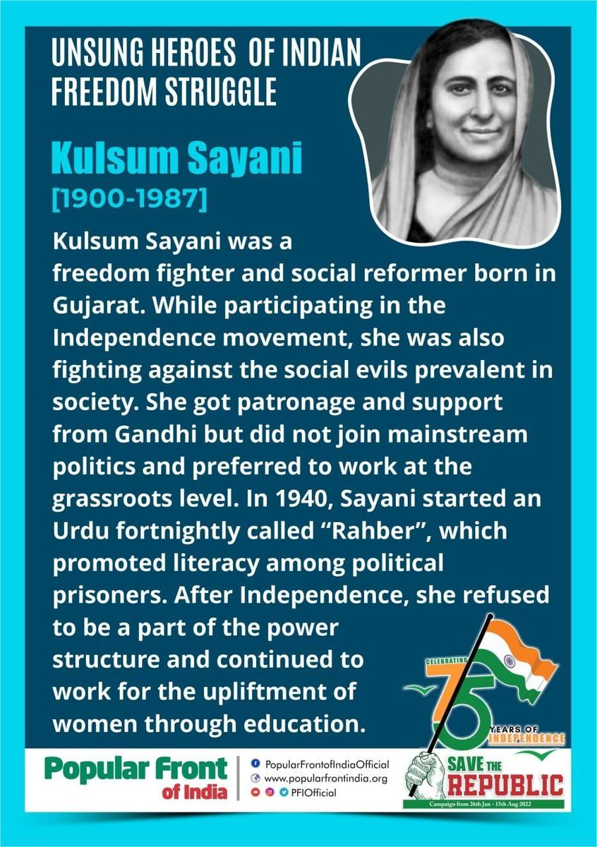 PFIOfficial's tweet photo. Unsung Heroes of Indian Freedom Struggle
#KulsumSayani #IndianFreedomFighters #SaveTheRepublic https://t.co/KBdlvOa6UN