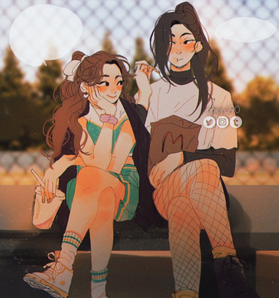 2girls multiple girls crossed legs brown hair sitting sneakers ponytail  illustration images