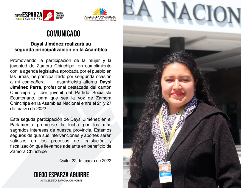 DiegoEsparza_17's tweet photo. 🔴 COMUNICADO 🔴
Me permito informar que he principalizado a mi compañera asambleísta alterna Daysi Jiménez Parra, profesional destacada del cantón #Chinchipe y lideresa juvenil del @PSEcuatoriano  para que sea la voz de Zamora Chinchipe en la @AsambleaEcuador. https://t.co/7SzaGqkfkT
