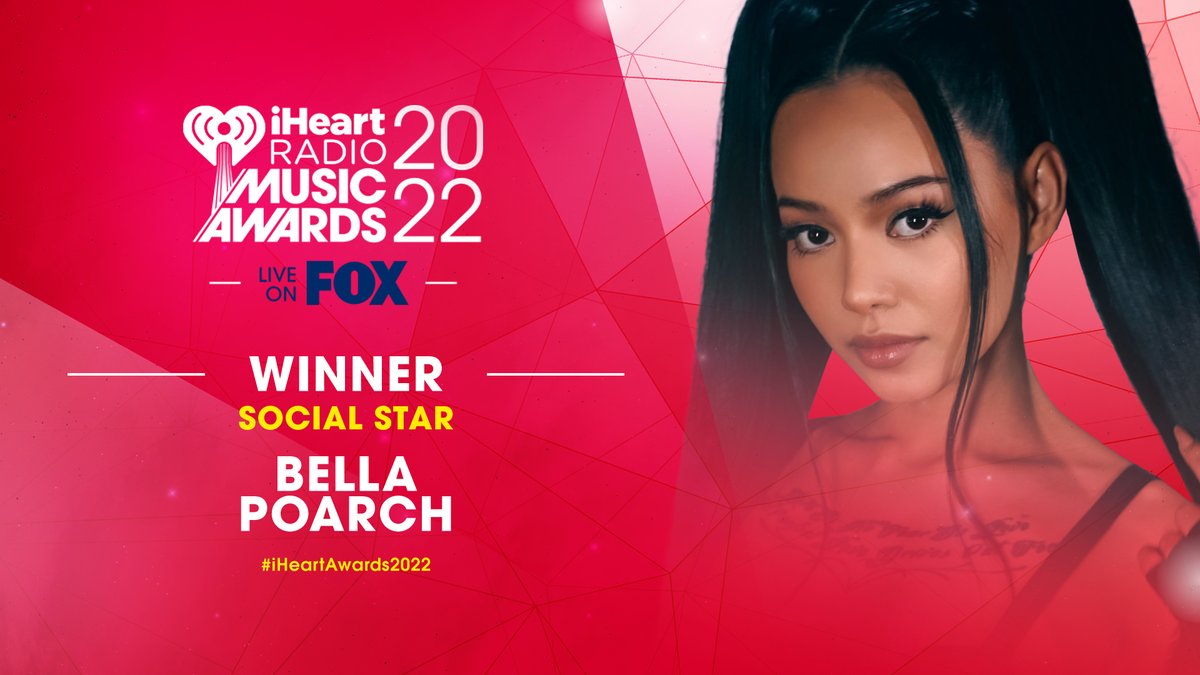 iHeartRadio's tweet photo. It's no secret that @bellapoarch is a star! 🌟 Congratulations on winning "Social Star" at our 2022 iHeartRadio Music Awards. 💕 #iHeartAwards2022

Watch the 2022 iHeartRadio Music Awards tonight at 8/7c only on @foxtv! https://t.co/A5WI0gDH75