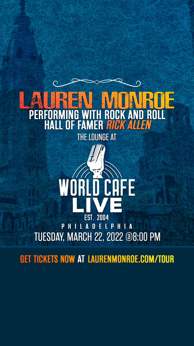 rickallenlive's tweet image. Good morning, Philly! It's a fantastic day for a live show! My wife @iamlaurenmonroe is performing today @ The Lounge @ World Cafe Live @ 8pm &amp;amp; I'll be joining her band on drums. Come on out for a great evening of music and to say Hello! ✌

Tickets: wl.seetickets.us/event/Lauren-M…