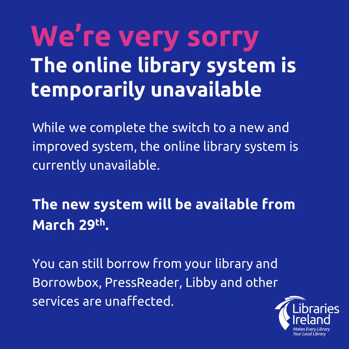 clarelibrary's tweet photo. Weโre sorry that the online library system is not currently available. This is because weโre switching to a new and improved system, which will be up and running on March 29th โ we hope youโll like it!
#onlinelibrarysystem #thanksforyourunderstanding #librariesireland https://t.co/YjeTMYaWCY