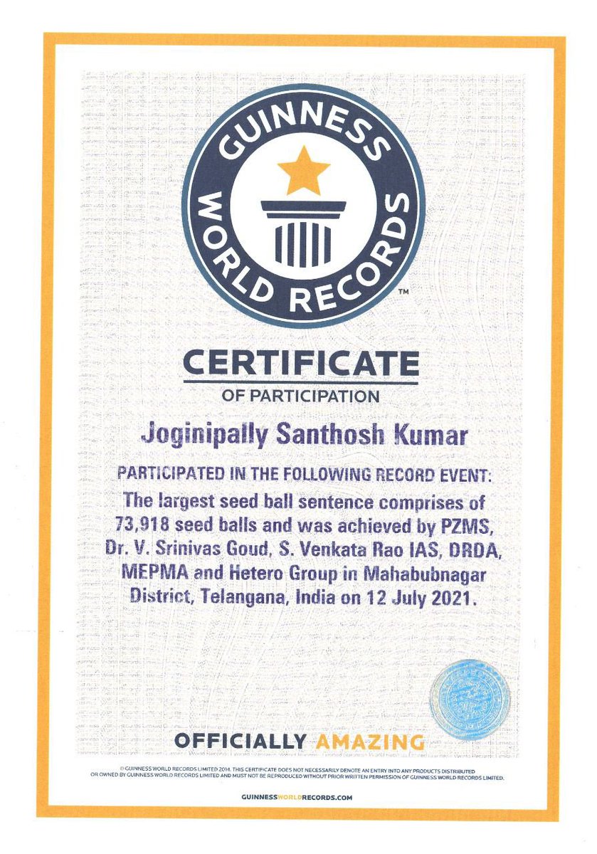 Honoured &amp; privileged to receive the #GuinnessWorldRecord certificate. The credit mainly goes to the amazing women from DRDA &amp; SHG groups of MahabubNagar Dist. who made it possible. Many thanks to Hon’ble Minister <a href="/VSrinivasGoud/">V Srinivas Goud</a> garu.