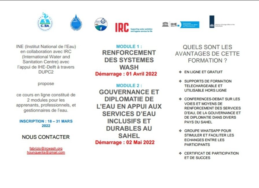 PmjeRb's tweet photo. L’Institut National de l’Eau (#INE) en collaboration avec l’#IRC (International Water and Sanitation Center) avec l’appui de #IHEUNESCODelft à travers #DUPC2 propose deux (02) modules de cours en ligne pour les apprenants, professionnels et gestionnaires de l’eau. https://t.co/9GsaHWMBt2