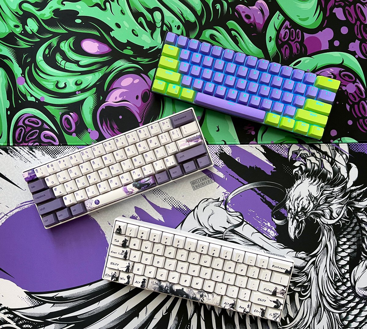 millennialencom's tweet photo. The purple aesthetic in two styles💚💜🤍

#millennialengineerscom #mechanicalkeyboards #geek #hardware #keycaps #gamer #gaming #programmer #setup #gamingkeyboard #purple #kraken #awesome #girlgamer #epic #customkeyboard  #venom #samurai #art #cool #designinspiration #green https://t.co/eAVJVTwhNn