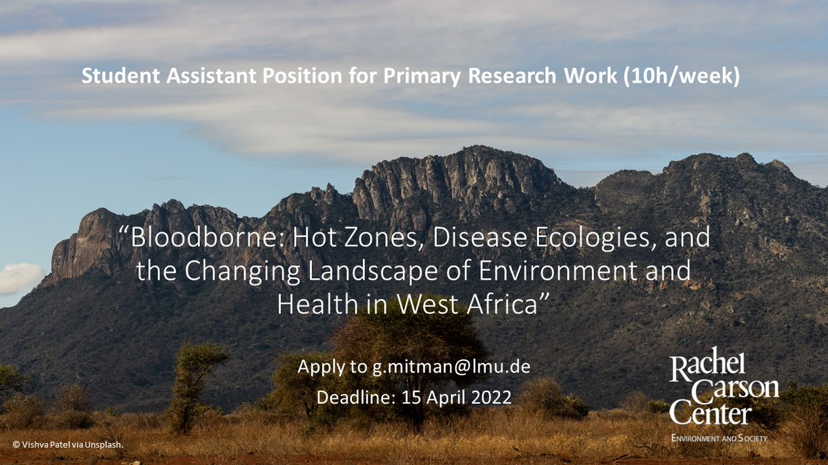TheWaaph's tweet image. The research initiative “Bloodborne: Hot Zones, Disease Ecologies, &amp;amp; the Changing Landscape of Environment &amp;amp; Health in West Africa” seeks a student assistant! @greggmitman 
More info: bit.ly/37JY4Ip. 
#envhist #envhum 
MT @CarsonCenter @WAAPH_VIP