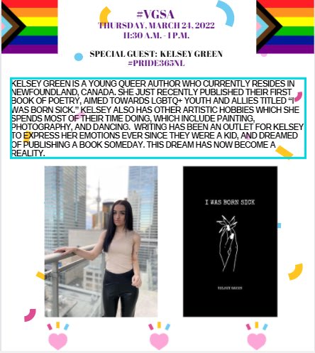 therobinsonread's tweet photo. Excited to have Kelsy Green, @cbrh Student and Author, joining us this Thursday, March 24, 2022 from 11:30 am - 1 pm as our special guest to talk about her new book of poetry that was just released. Please share: https://t.co/2d9zdDW7X7 @NLESDCA @SISNLESD #Pride365NL #VGSA https://t.co/d7Pql54xwX