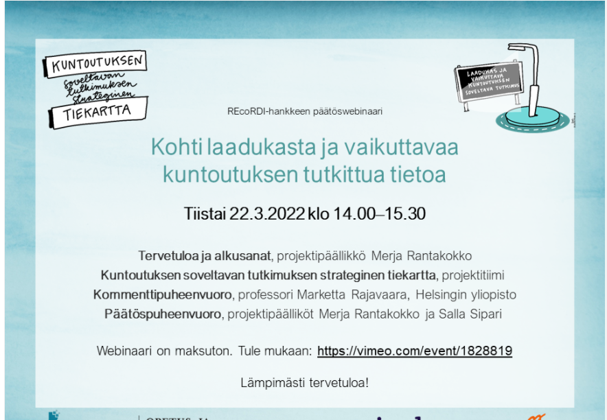 Menossa REcoRDI-hankkeen pääswebinaari. 
#tulevaisuudenkuntoutus
@jamk_fi
<a href="/metropolia/">Metropolia</a>
<a href="/REcoRDIhanke/">REcoRDI-hanke</a>
