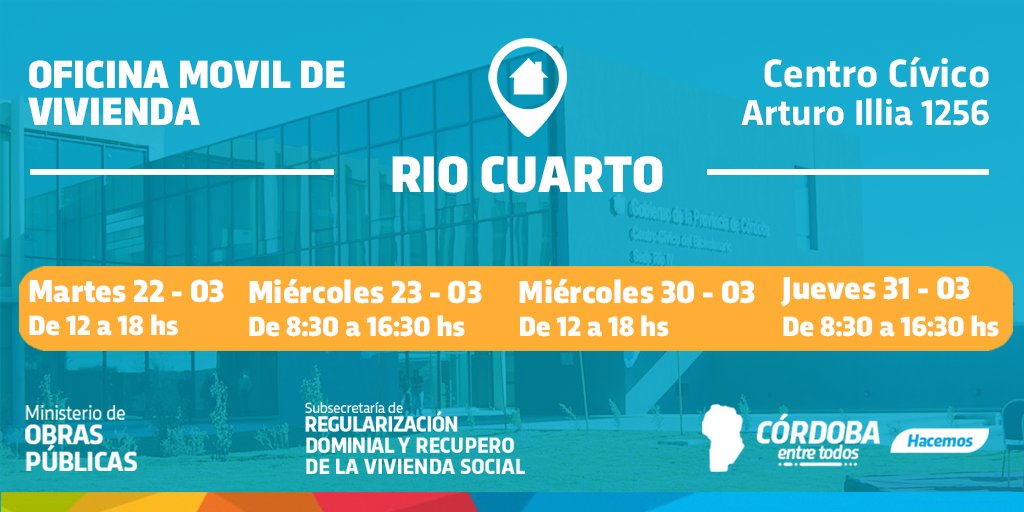 🖐 ¡Para estar más cerca! La Oficina Móvil de Vivienda llega al Centro Cívico de Río IV.
🤝 En este acercamiento al beneficiario, nuestros agentes reciben consultas y solucionan cuestiones de:
•Adjudicaciones
•Refinanciaciones
•Cancelaciones
•Escrituraciones