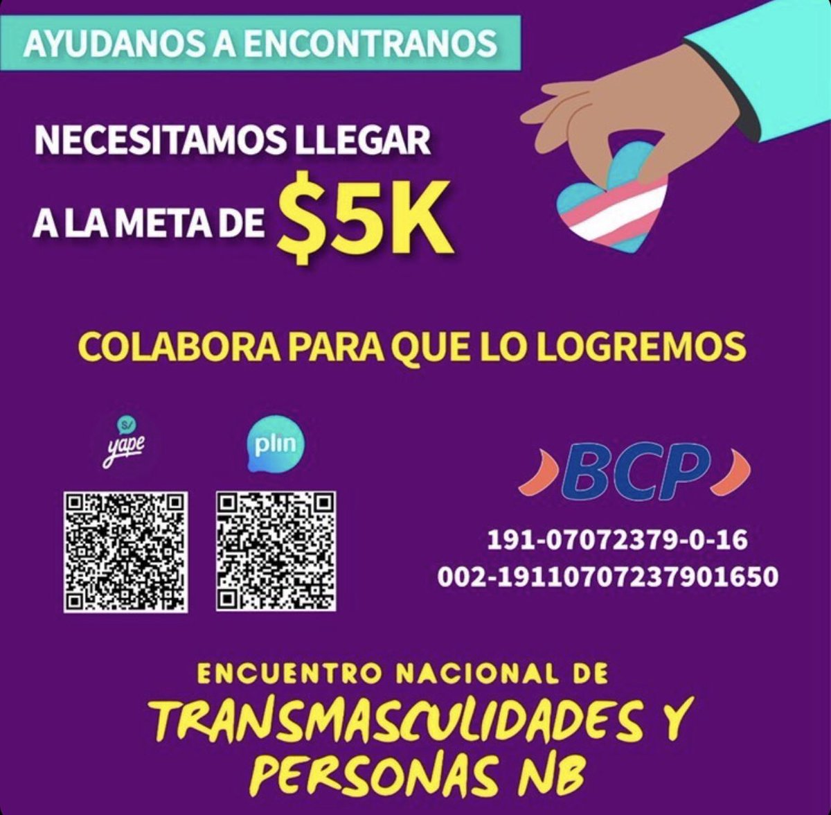 MsfcPeru's tweet photo. Ayúdanos a Encontrarnos
Para el 2do Encuentro Nacional de Transmasculinidades y Personas No Binarias AMAN necesitamos de tu apoyo para hacerlo realidad. Para poder albergar a 40 total y parcial a más de 20 activistas del territorio es que requerimos llegar a la suma de $ 5k. https://t.co/zOHbIGspmt