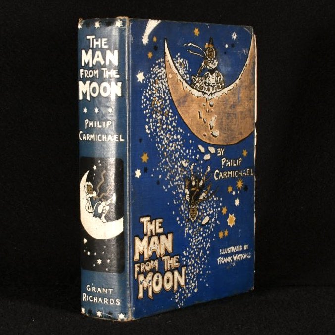 Rookebooks's tweet photo. Philip Carmichael’s ‘The Man From The Moon’ is a very scarce fantastical children’s science fiction novel about the adventures of a man living on the moon, with illustrated plates from Frank Watkins.

https://t.co/py6Vd4MTt2 https://t.co/fy0Y05w8hR