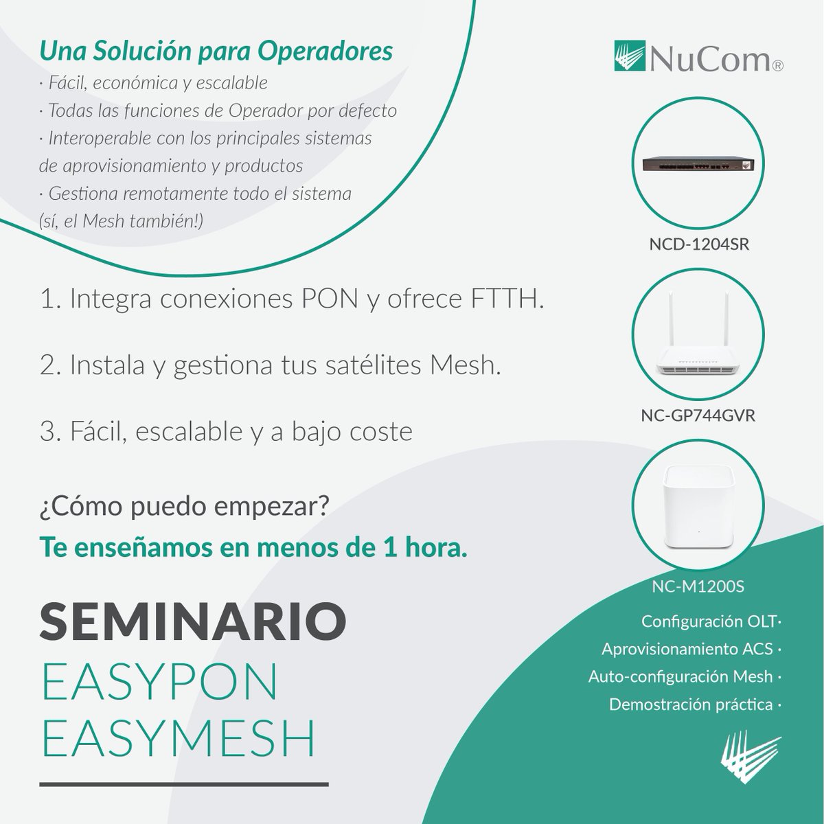NuComSocial's tweet photo. 👋🏼¿Sabías que esta semana celebramos nuestro segundo Seminario #EasyPON &amp; #EasyMesh en Barcelona?
Te enseñamos a desplegar una solución integral con Mesh totalmente gestionable en menos de 1 hora.
¡Contáctanos para más información o futuras ediciones! #SolucionesParaOperadores 😎 https://t.co/4jh9OtEszg