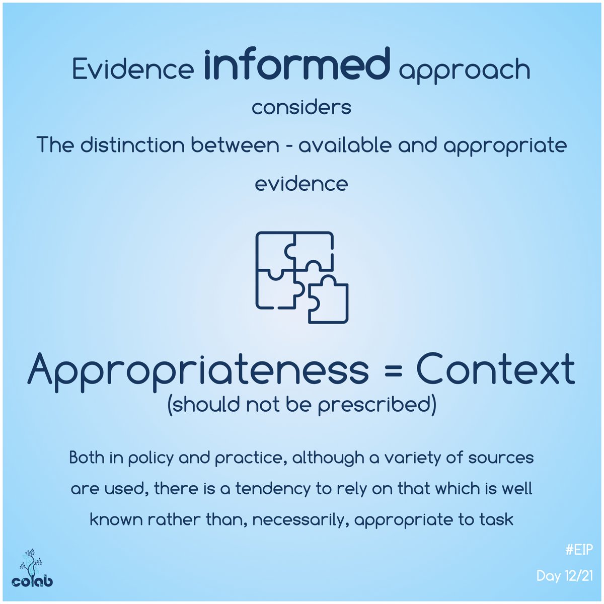CoLab_Global's tweet photo. Day (12/21): Evidence Informed Practice (EIP) considers the type of evidence very critical. Difference between approximate and available is vital.
#EIP
#CoLabGlobal https://t.co/bsaEgjSVnj