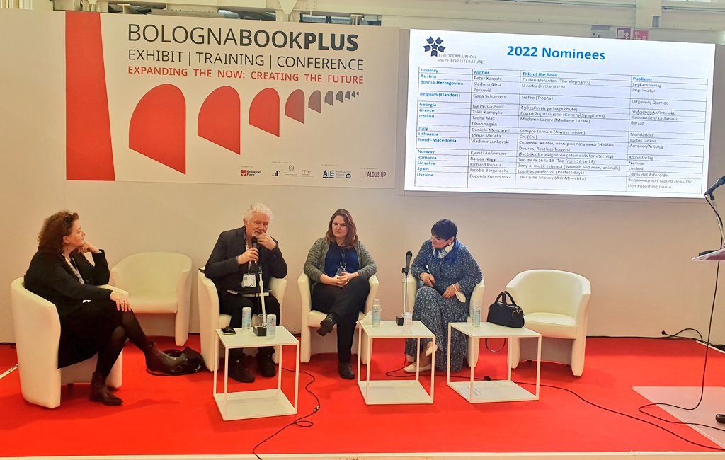 NewIslandBooks's tweet photo. On stage @bolognabookplus! Tadhg Mac Dhonnagain discussing his pride and joy about the nomination of 'Madame Lazare' for EU Prize for Literature, the first time an Irish language title has been nominated. ☘🙌 @futafata @PublishingIRL @FEP_EU https://t.co/3SF0nBRuWE
