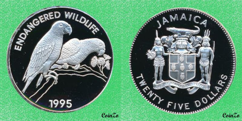 coinzo's tweet photo. Ямайка 25 Долларов 1995 Серебро 28.2 г 38.6 мм Попугай KM- #coinzo #coins https://t.co/pOTpuimTp6