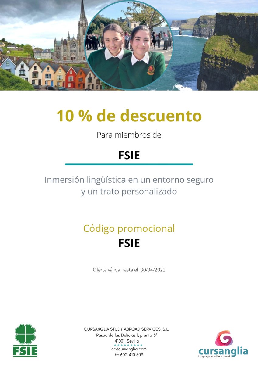 FsieGranada's tweet photo. 🍀 #FSIEInforma 🗣️
💥 Nuevo acuerdo entre FSIE y Cursanglia para disfrutar de programas de inmersión lingüística en inglés, en Irlanda y Estados Unidos. 🇮🇪 🇺🇸
⏳ Hasta el 30 de abril.
Más info 👉 https://t.co/uQjzm9dZv7
https://t.co/ncfQQ1w7Es
#VentajasAfiliados
#SomosFSIE🍀 https://t.co/l7bxu1DbI1