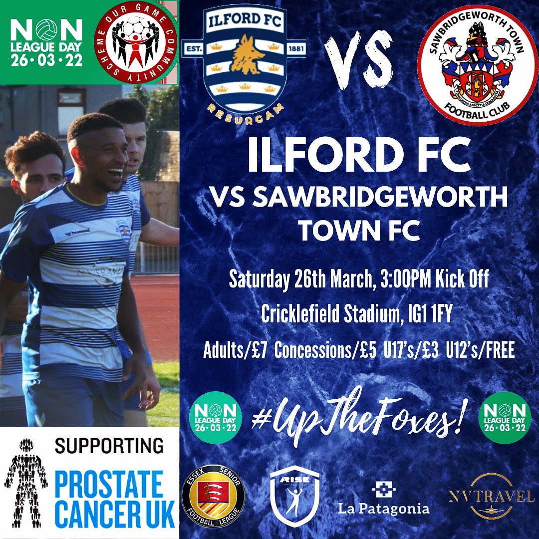 💙NEXT UP: <a href="/nonleaguedayuk/">Non-League Day</a> 

THIS SATURDAY… IT’S NON LEAGUE DAY!!
SUPPORTING <a href="/ProstateUK/">Prostate Cancer UK</a> 💙
Match Details below👇 

🆚| Sawbridgeworth Town FC (H)
🏆| Essex Senior League
🗓| Saturday 26th March
⏰| 3:00PM - Kick Off
🏟| Cricklefield Stadium, IG1 1FY
💷| Adults-£7 Concessions-£5