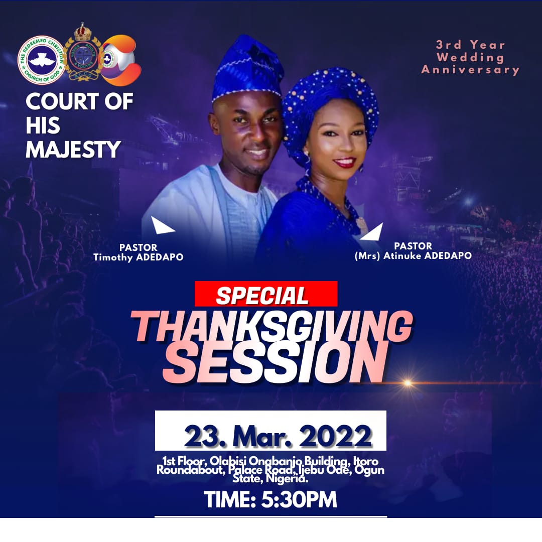 RCCGCHMYC's tweet photo. Join us tomorrow for a special thanksgiving session as we celebrate God in the lives of our Pastors.
#specialthanksgivingsession
#3yearsofGodsfaithfulness
#3yearsof💍♥️
#rccgchmyc https://t.co/ZZLxqwMRzW