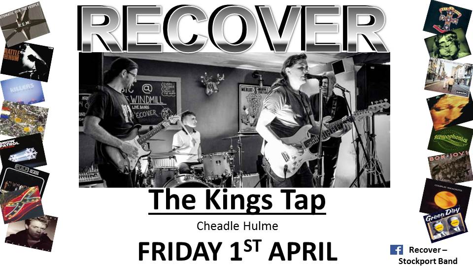 BandStockport's tweet photo. RECOVER are playing The Kings Tap in Cheadle Hulme for the 1st time on Friday 1st April. No joke there'll be some rock/indie party tunes.
@TheKingsTap https://t.co/d2aKMriKlv