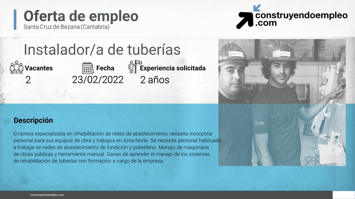 FLC_Empleo's tweet photo. ⚠ Consulta nuestro portal de empleo, y conoce las vacantes
💼Gruista, Donostia
💼 Fontanero/a, San Cristóbal de La Laguna 
💼 Instalador/a de tuberías, Santa Cruz de Bezana 
💼 Técnico/a de prevención y/o calidad y/o medio ambiente, Pamplona/Iruña
https://t.co/Riv8x7FhUc https://t.co/L3yzDZq2x3