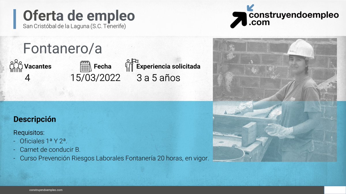 ⚠ Consulta nuestro portal de empleo, y conoce las vacantes
💼Gruista, Donostia
💼 Fontanero/a, San Cristóbal de La Laguna 
💼 Instalador/a de tuberías, Santa Cruz de Bezana 
💼 Técnico/a de prevención y/o calidad y/o medio ambiente, Pamplona/Iruña
construyendoempleo.com/#/mainPage
