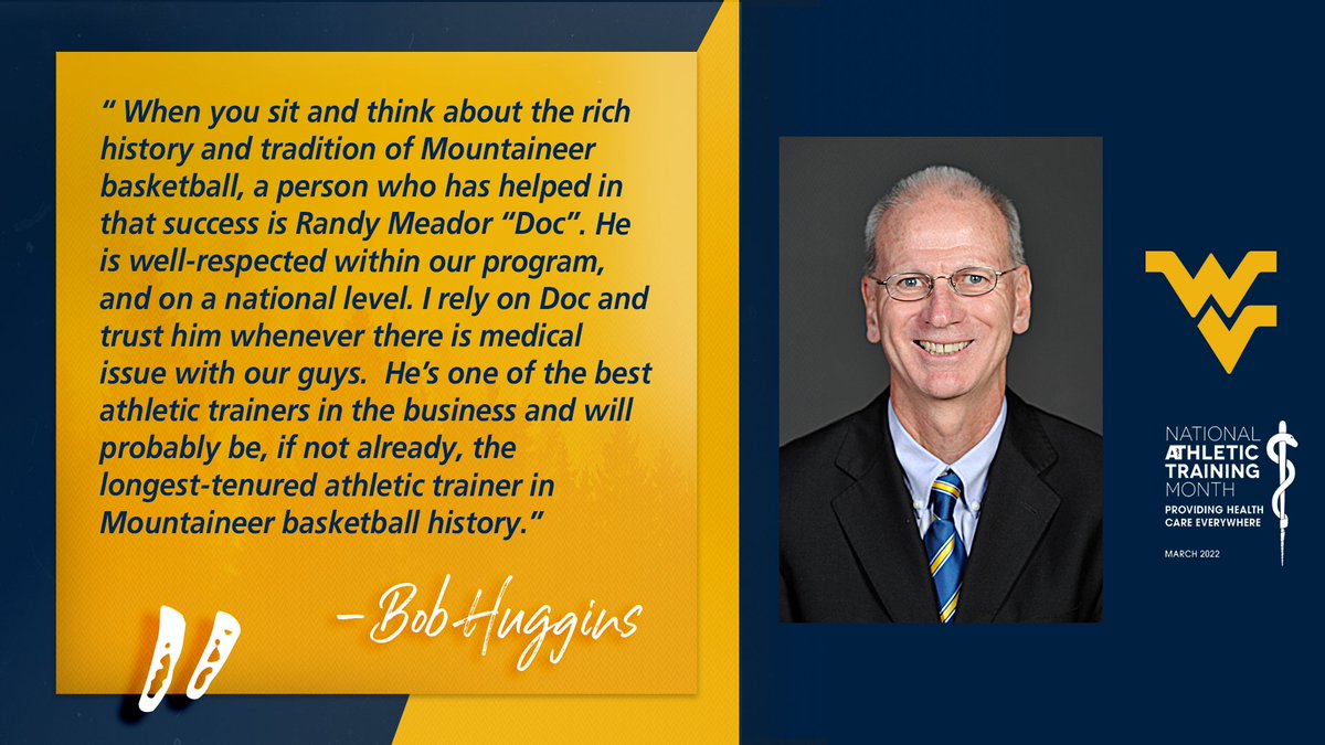 A salute to our athletic trainer - Randy "Doc" Meador, who has been working with WVU men's basketball for 37 seasons.

We appreciate you Doc!

nata.org/advocacy/publi…

#NATA2022 | #HailWV