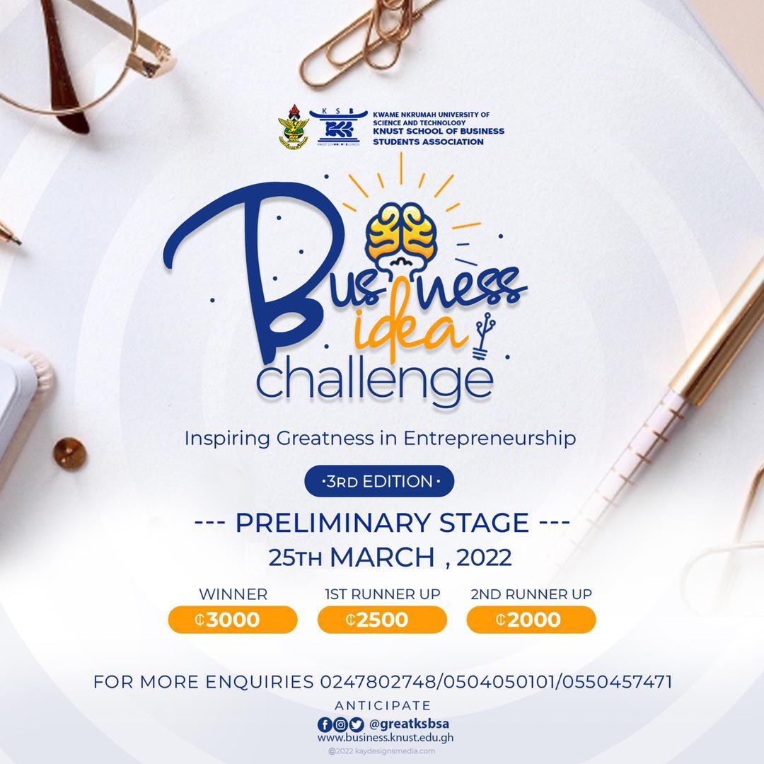 GreatKsbsa's tweet photo. The preliminary stage for the 2022 Edition of the Business Idea Challenge comes off this Friday, 25th March. 

Be ready to be thrilled by young Greatminds with their business ideas and presentation skills. 

Watch this space for more ! 

#BusinessIdeaChallenge
#ChangeTheWorld https://t.co/CduaCwHGZj