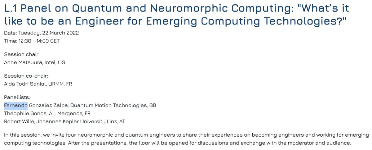 quantum_motion's tweet image. Join our Lead Quantum Engineer Fernando Gonzalez-Zalba, Théophile Gonos @ai_mergence and Robert Wille @jkulinz on &quot;What’s it like to be an Engineer for Emerging Computing&quot; at #DATEconference.

Co-chaired by Dr. Anne Matsuura @intel &amp;amp; @AidaTodri @lirmm_
 
date-conference.com/programme