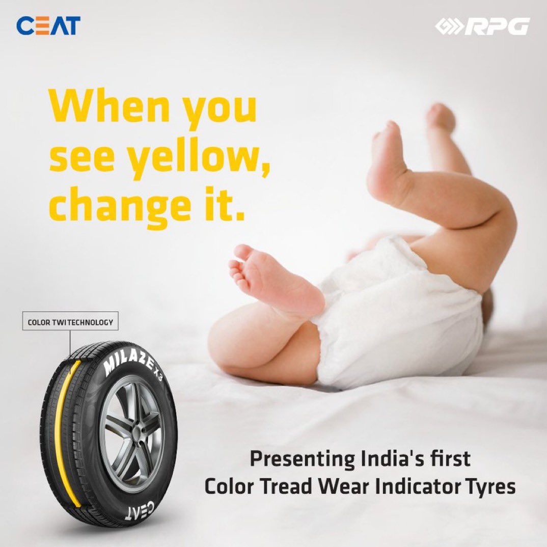 hvgoenka's tweet photo. When should the tyres be replaced, is a question we always grapple with! 
So we innovated and came out with the #CEAT Color TWI tyres having a yellow band indicator that begins to appear as your tyre wears out, indicating that it’s time to change the tyre. #innovation https://t.co/DrIaOmZft5