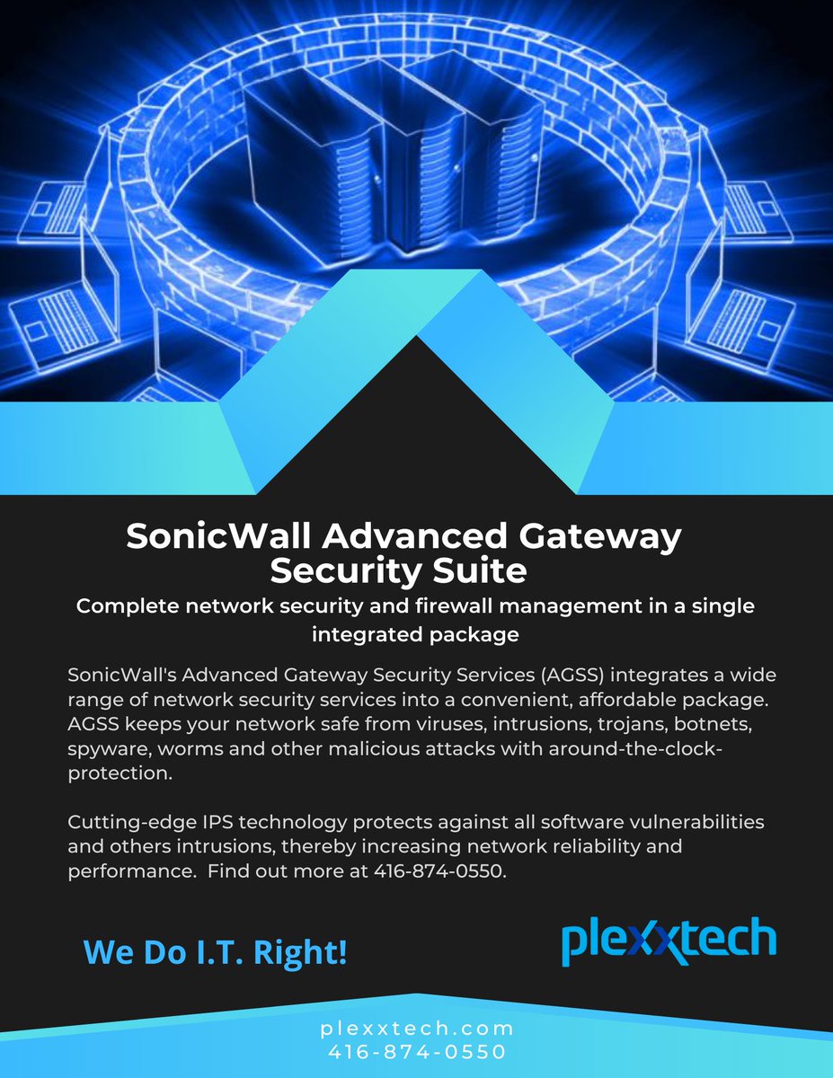 PlexxtechS's tweet photo. #SonicWall's Advanced Gateway #Security Suite is a complete #network security and #firewall management. AGSS protects your network from  #malware, #intrusions, #botnets, #trojans and more.  Find out more at 416-874-0550. https://t.co/tO585HOHq9