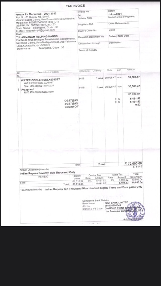 kalakurthy's tweet photo. @BlueStarCare @BlueStarCare @BlueStarLtd Attached bill and delivered product. We ( Tulasivanam Helping Hands NGO) purchased this chiller to  serve water to the needy in soaring summer. Dealer even after knowing all this don’t pick our calls. https://t.co/SswKiuOK1Q