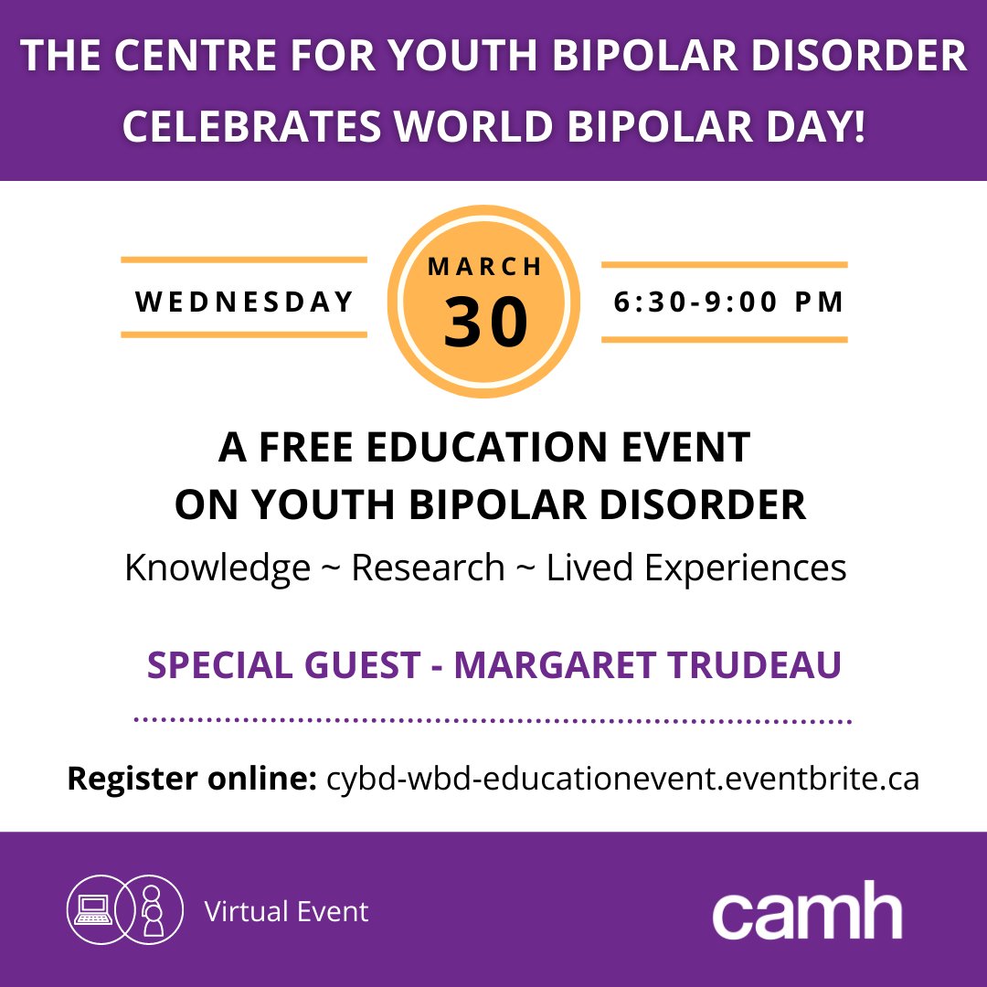 Please join our friends at the Centre for Youth Bipolar Disorder (CYBD), <a href="/CAMHnews/">CAMH</a>  for a FREE educational event on #youth #bipolar disorder with special guest Margaret Trudeau on Wed March 30 2022 6:30pm-9pm EST.  <a href="/WorldBipolarDay/">World Bipolar Day</a> Register here: cybd-wbd-educationevent.eventbrite.ca