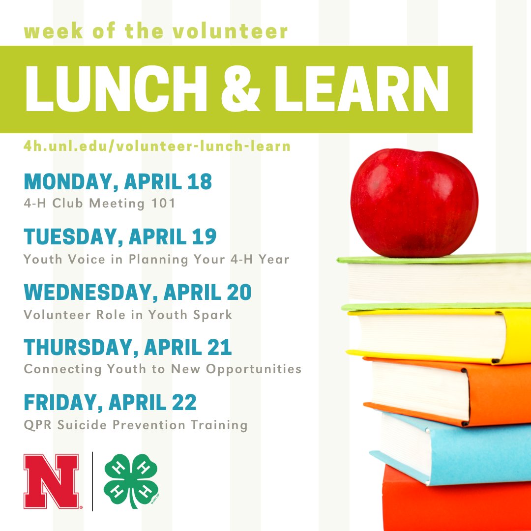 Nebraska4H's tweet photo. For the Week of the Volunteer, we're hosting a Lunch &amp; Learn volunteer training series! We'll cover a new topic each day, starting at noon CDT from Mon, April 18-Thur, April 21. On Fri, April 22, we're offer a 90-minute Suicide Prevention Training. https://t.co/uuQvX14YHp. https://t.co/sjkyDmLeqZ