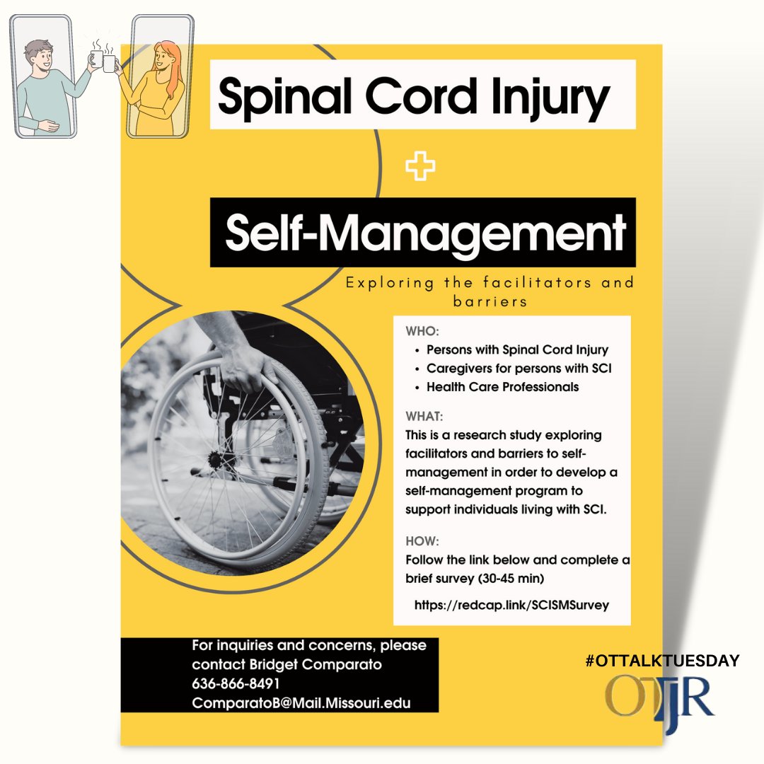 OTJRJournal's tweet photo. #OTTALKTUESDAY
@BridgetKrausOT is seeking healthcare professionals, caregivers, and persons with SCI to develop a #SCI #SelfManagement Program for her #PhD
https://t.co/qglwGiUn8r
Are you seeking #participants or #colleagues for your research? Share it with us! #OT https://t.co/fZGj4OUJAT