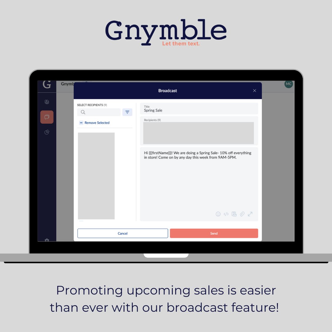gnymble's tweet photo. Looking to promote upcoming events? Try out our broadcast feature!

#promo #sales #businesstexting https://t.co/LebcAdpZYn