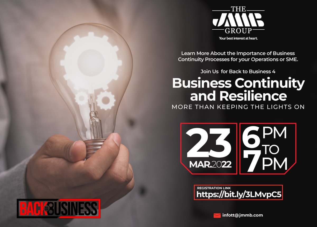 jmmbgrouptt's tweet image. 𝗥𝗲𝗴𝗶𝘀𝘁𝗲𝗿 𝗧𝗼𝗱𝗮𝘆!

🗒 Topic: Business Continuity &amp;amp; Resiliency - More than Keeping the Lights On.
📅 Date: 23rd March 2022
⏰ Time: 6pm-7pm
💻 bit.ly/3LMvpC5

#jmmbtt #jmmbgrouptt #JMMBSME #SMEResourceCentre