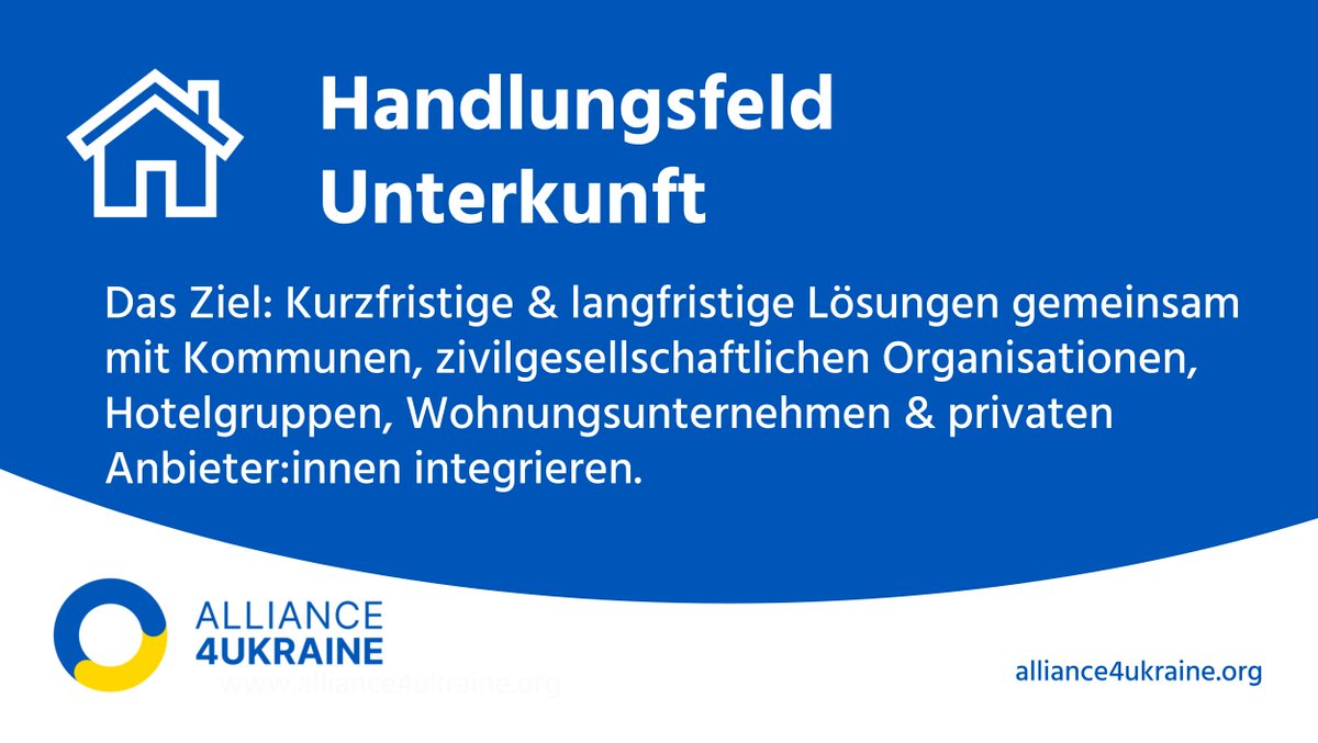 🏠  #Alliance4Ukraine Handlungsfeld #Unterkunft: Gemeinsam mit <a href="/UnterkunftU/">#UnterkunftUkraine</a>, <a href="/airbnb_de/">Airbnb Deutschland</a>, <a href="/bookingcom/">Booking.com</a>, <a href="/wunderflats/">Wunderflats</a>, <a href="/Immobilienscout/">ImmoScout24</a> &amp; <a href="/wg_statt_lager/">Zusammenleben Willkommen</a> setzen wir uns dafür ein, dass alle aus der #Ukraine flüchtenden Menschen schnell, gut und sicher untergebracht werden können.