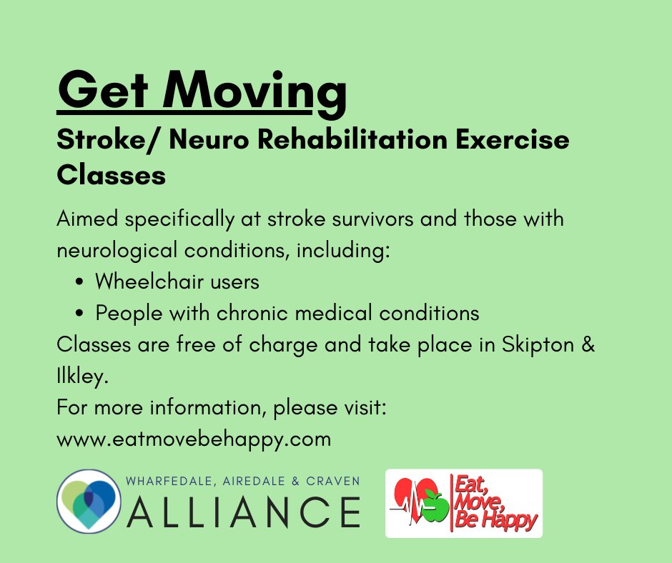 Get Moving - Stroke/ Neuro Rehabilitation Exercise Classes

Aimed specifically at stroke survivors and those with neurological conditions, including:
- Wheelchair users
- People with chronic medical conditions

For more information, please visit: eatmovebehappy.com