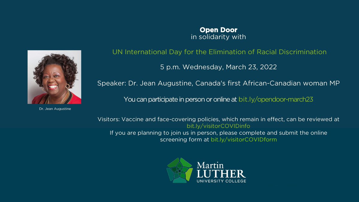 Join us 5pm TOMORROW for Open Door w/ speaker Dr. Jean Augustine, first African-Canadian woman elected as MP 

We mark the <a href="/UN/">United Nations</a> Day for the Elimination of Racial Discrimination. 

Link: us02web.zoom.us/j/82684038312

<a href="/ESynodELCIC/">Eastern Synod-ELCIC</a> <a href="/MichaelPryse/">Bishop Michael Pryse</a> <a href="/NationalBishop/">Susan Johnson</a> <a href="/John_Milloy/">John Milloy</a> <a href="/publicjustice/">Citizens for Public Justice</a>