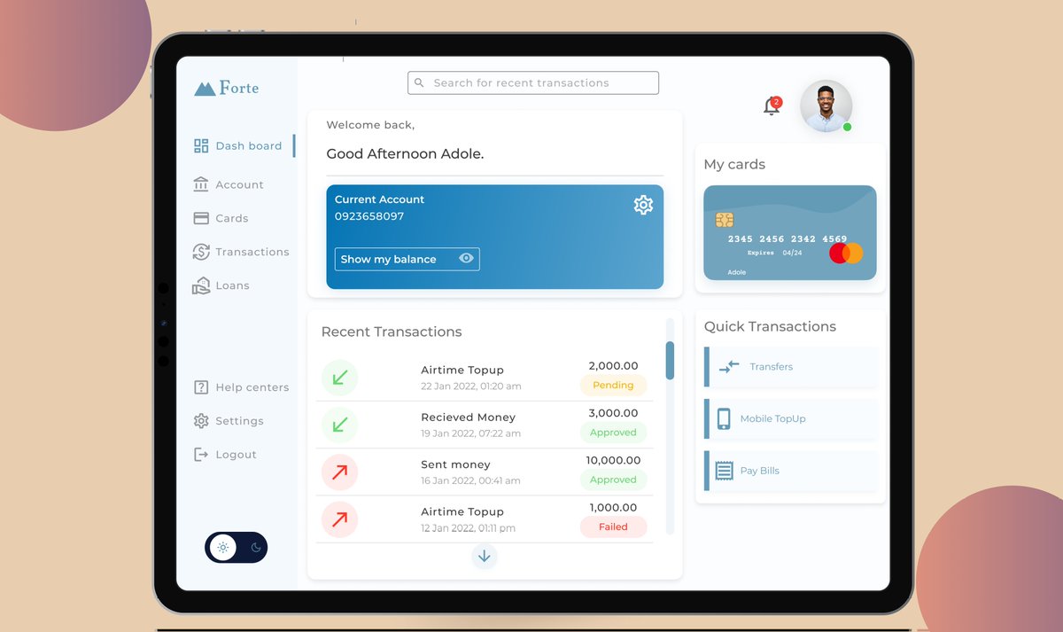 AdoleGrey's tweet photo. I designed a dashboard UI that allows users manage their accounts, send money, pay bills, e.t.c

I was intentional about the accessibility and usability.

Kindly, take a look https://t.co/yOA9DxUhxw and let me know what you think.
Thanks...❤
#uxdesign #uiux #ux #UI #uiuxdesign https://t.co/fFPXqe0mOv