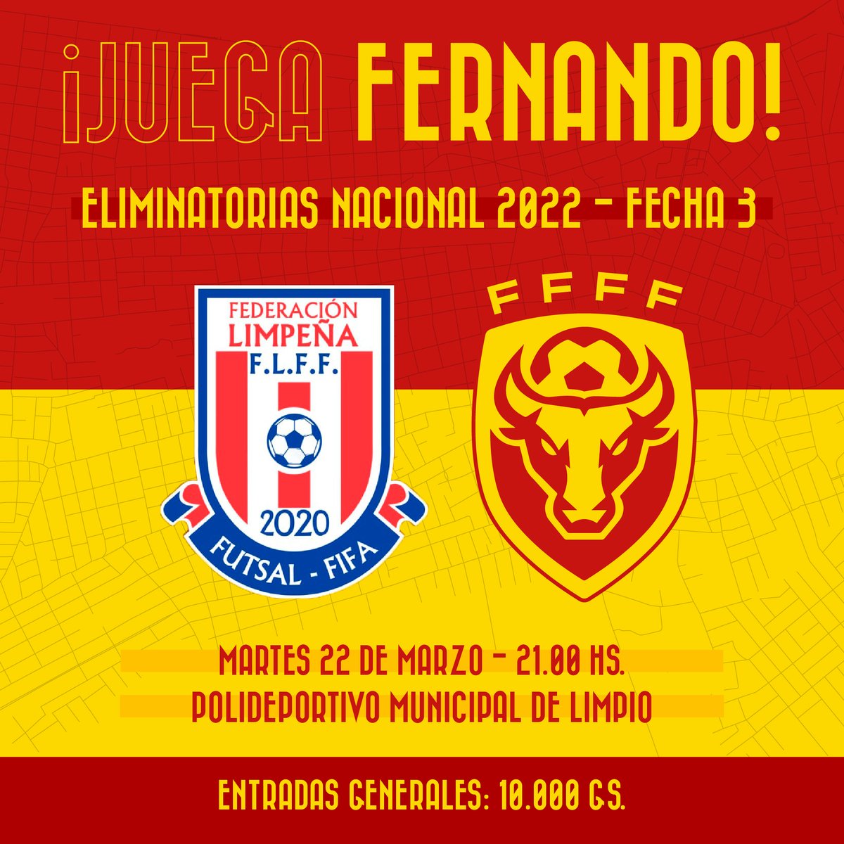FFFF_Futsal's tweet photo. ¡SEGUIMOS! 💪🏼

Nos enfrentamos a la Federación Limpeña por la tercera fecha.

🏟️ Polideportivo Municipal de Limpio.
⌚️ 21.00 Hs.

¡Vamos nosotros!

#JuegaFernando🔴🟡 https://t.co/vjXh0zJT6s