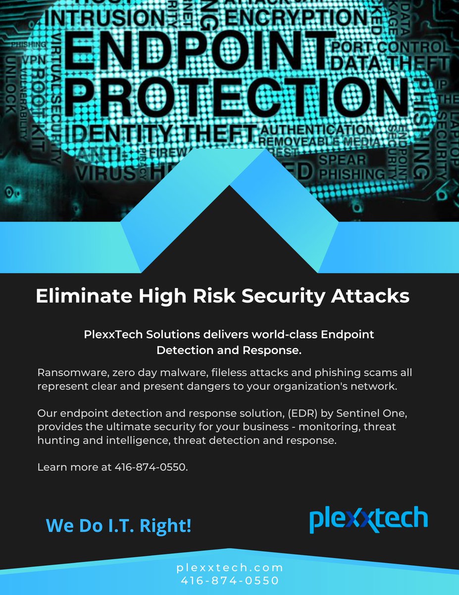 PlexxtechS's tweet photo. Eliminate high risk #security attacks.  PlexxTech delivers world-class #endpoint detection and response (EDR).  Learn more at 416-874-0550.  #ransomware #malware #phishing #threathunting #threatintelligence https://t.co/Ls9vmQRlIR