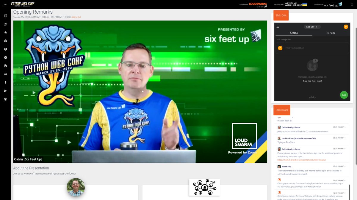 pauloxnet's tweet photo. The second day of Python Web Conference 2022 @pythonwebconf has just started. 🎊
Calvin @calvinhp is welcoming people and thanking sponsors of this #Python conference for #web developers.

#pwc2022 #pythonwebconference https://t.co/ovq1WzRbiC